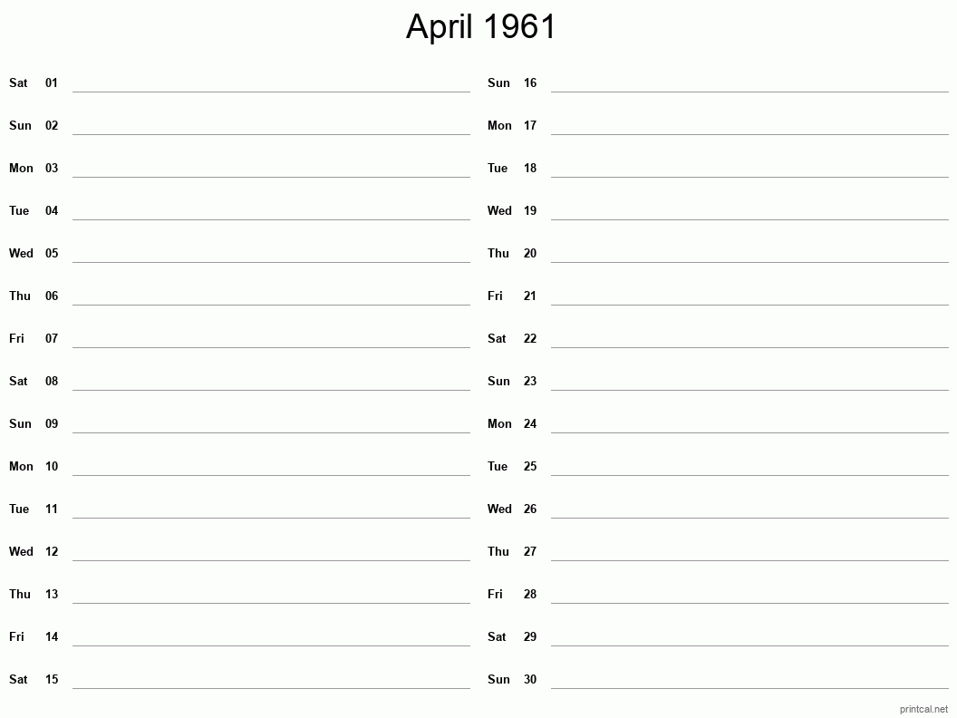 April 1961 Printable Calendar - Two Column Notesheet