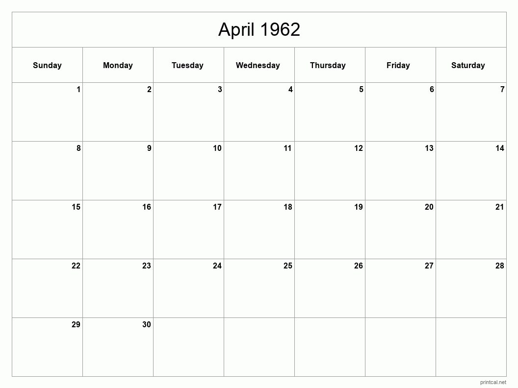 April 1962 Printable Calendar - Classic Blank Sheet