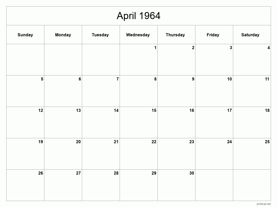 April 1964 Printable Calendar - Classic Blank Sheet