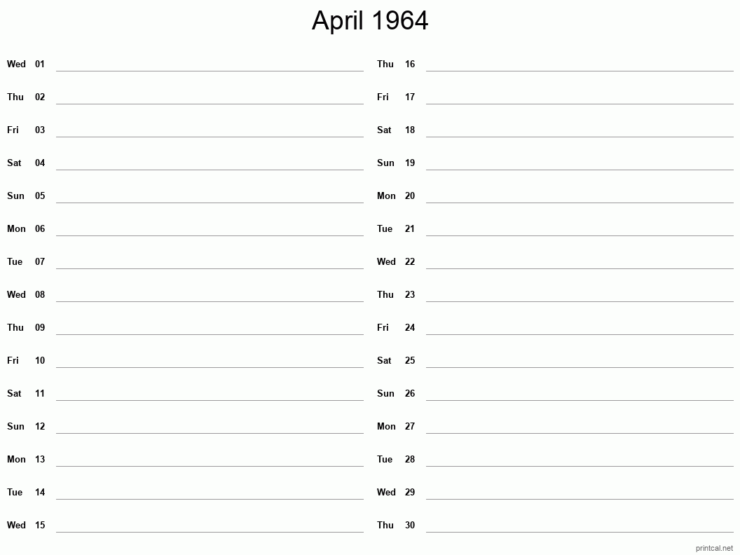 April 1964 Printable Calendar - Two Column Notesheet