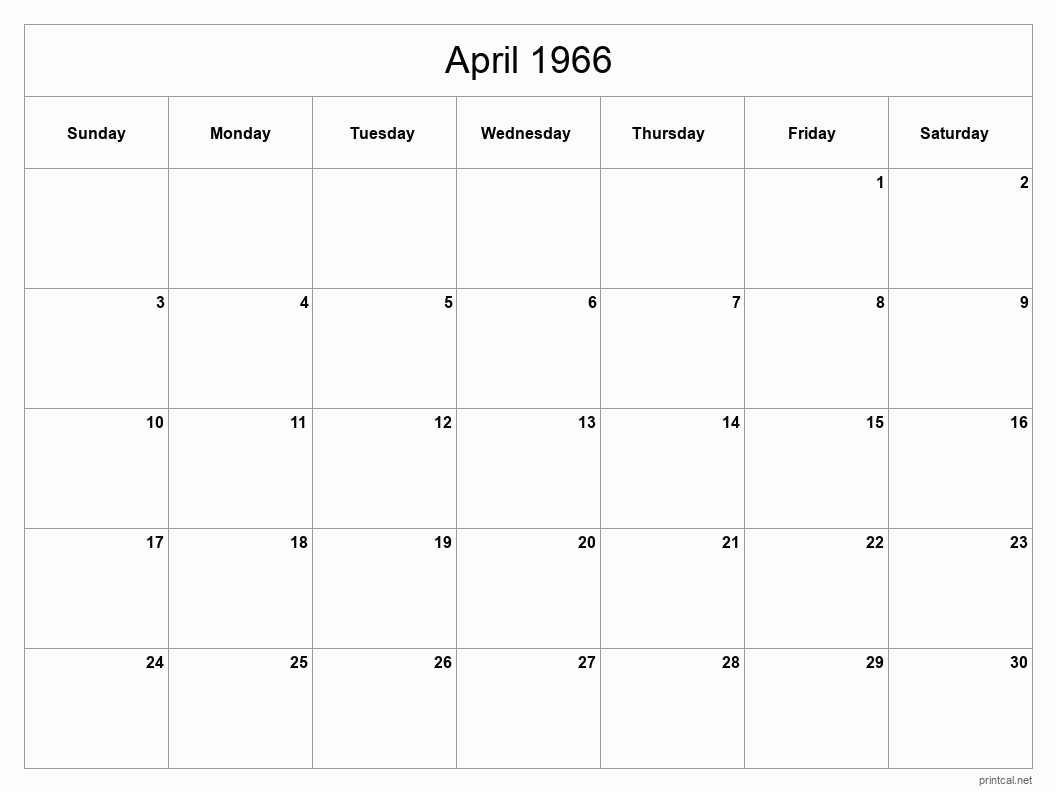 April 1966 Printable Calendar - Classic Blank Sheet