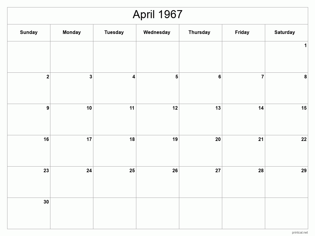 April 1967 Printable Calendar - Classic Blank Sheet