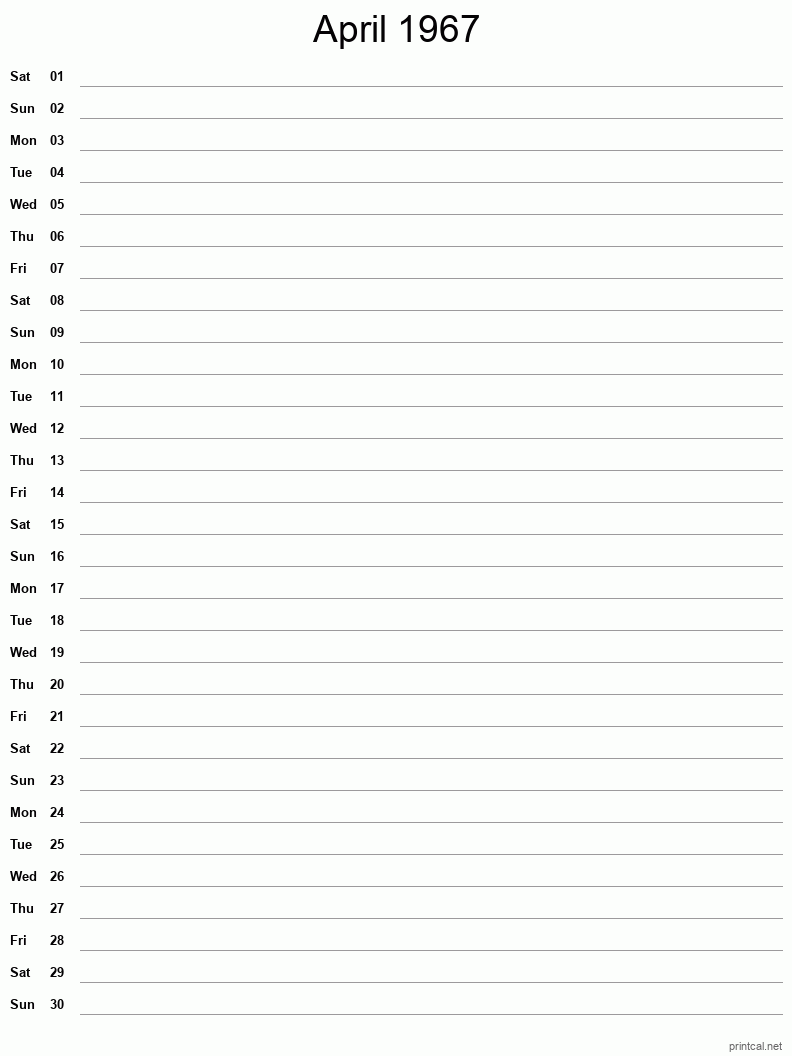 April 1967 Printable Calendar - Single Column Notesheet