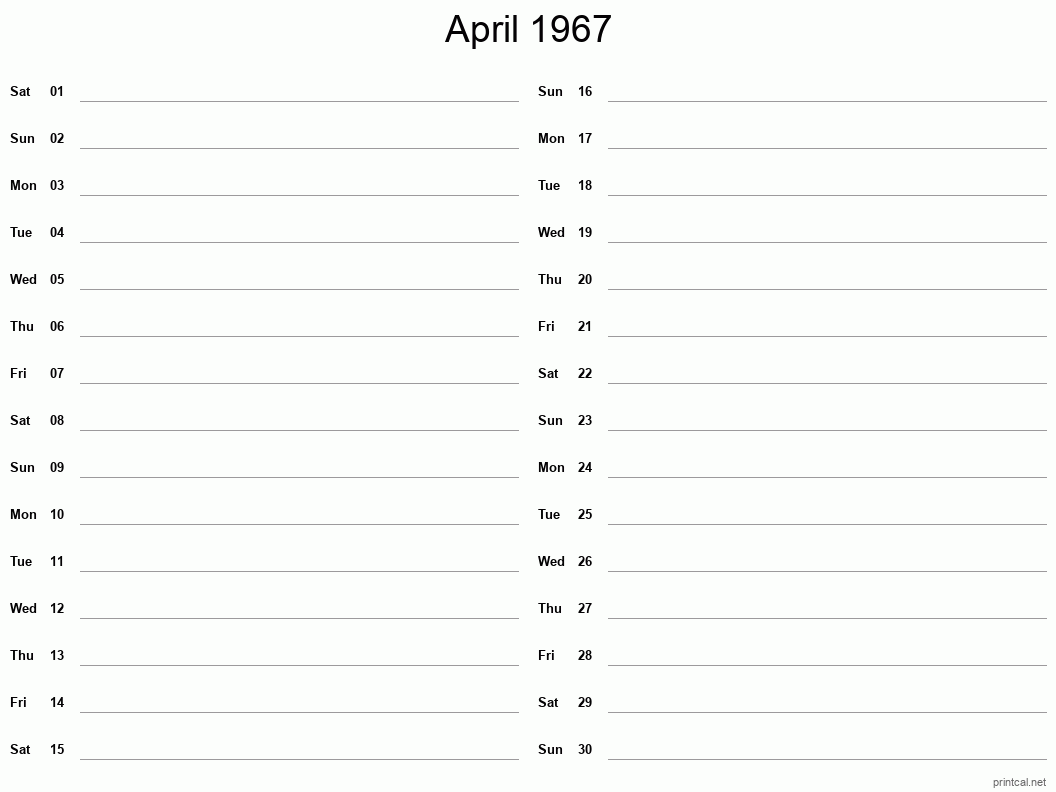 April 1967 Printable Calendar - Two Column Notesheet