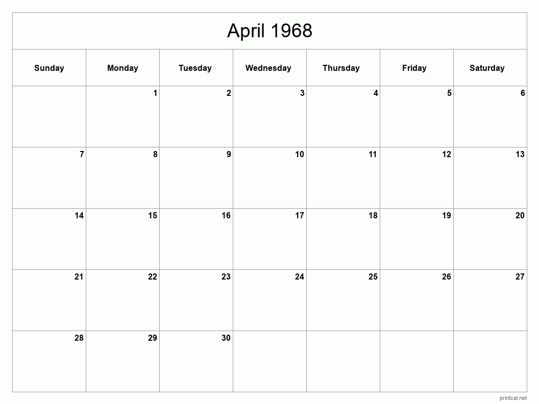 April 1968 Printable Calendar - Classic Blank Sheet