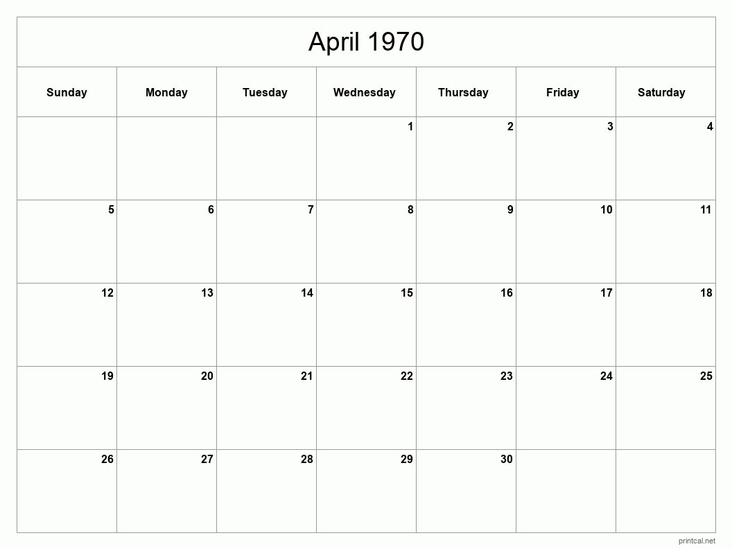 April 1970 Printable Calendar - Classic Blank Sheet