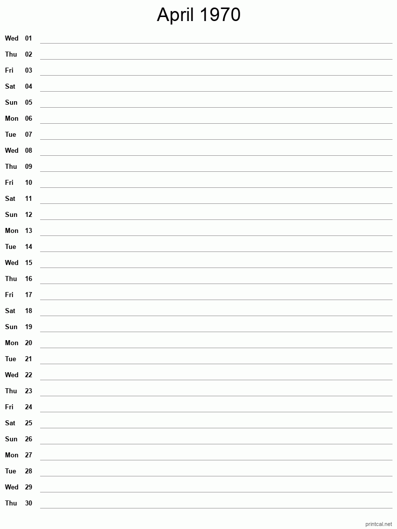 April 1970 Printable Calendar - Single Column Notesheet