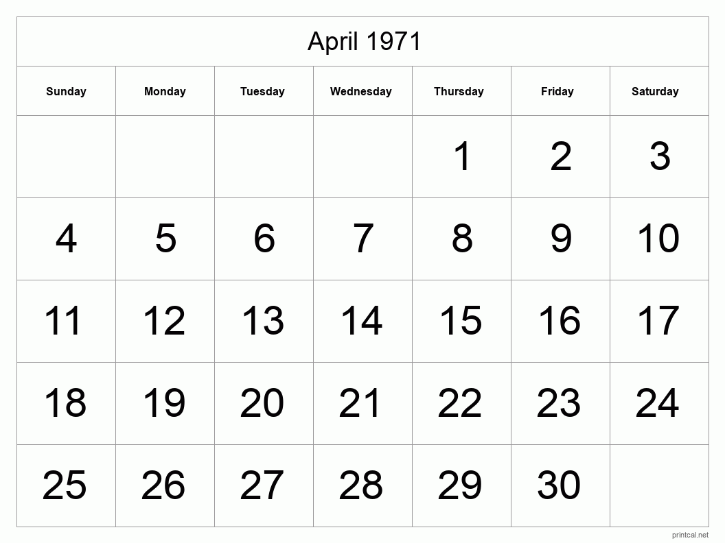 April 1971 Printable Calendar - Big Dates