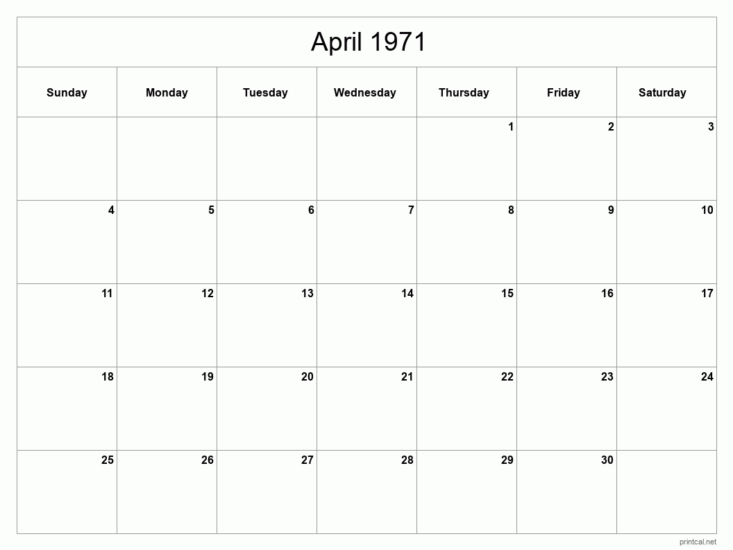 April 1971 Printable Calendar - Classic Blank Sheet