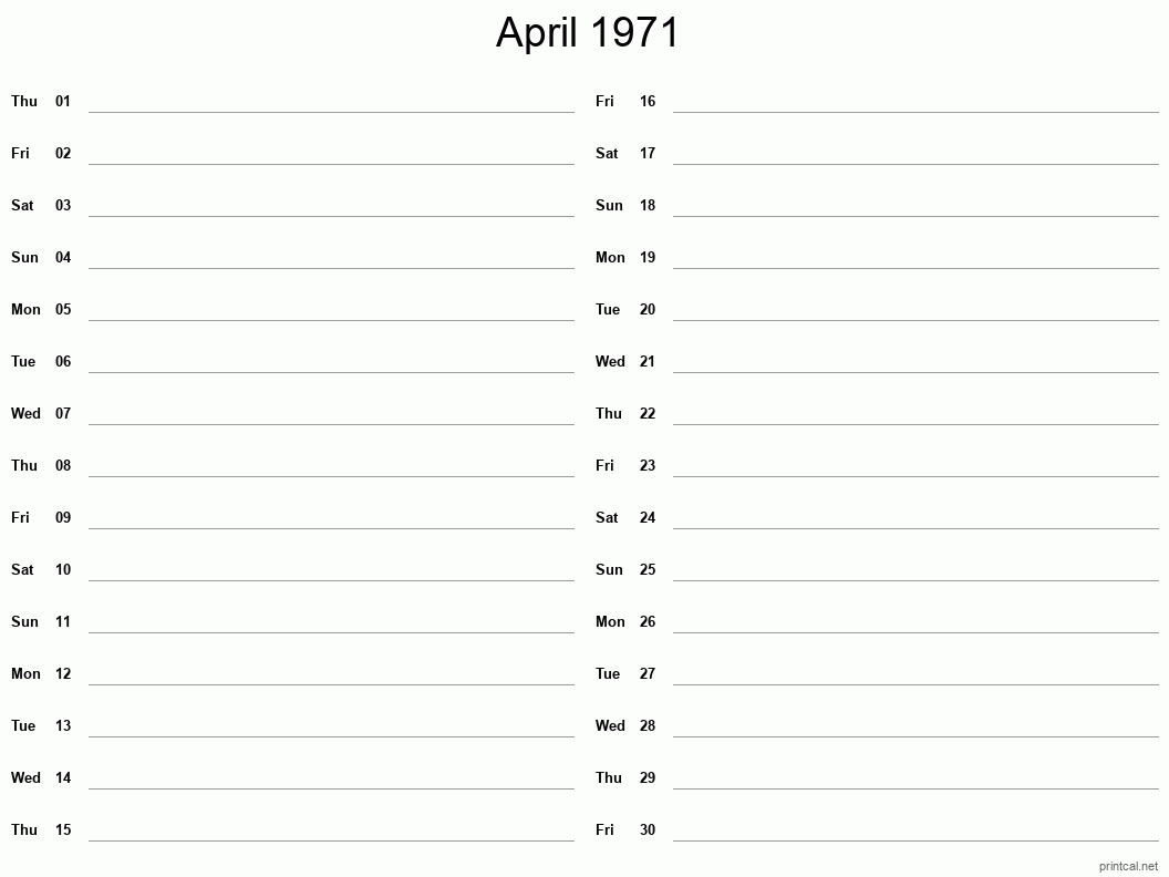 April 1971 Printable Calendar - Two Column Notesheet