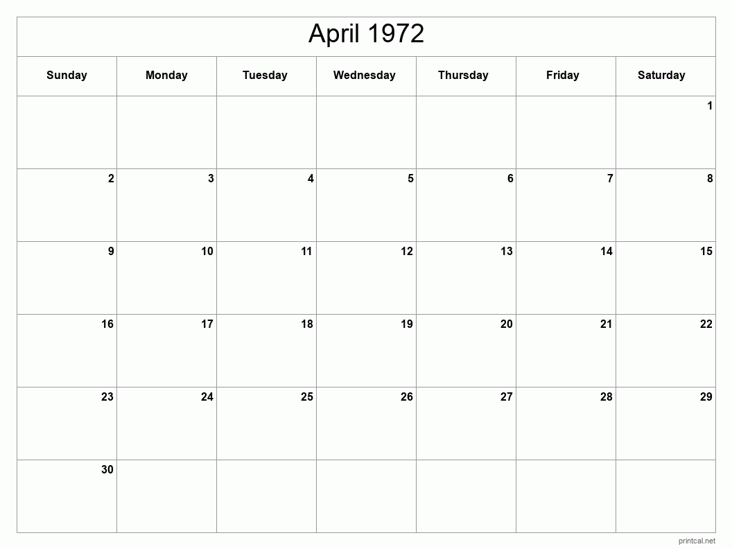 April 1972 Printable Calendar - Classic Blank Sheet