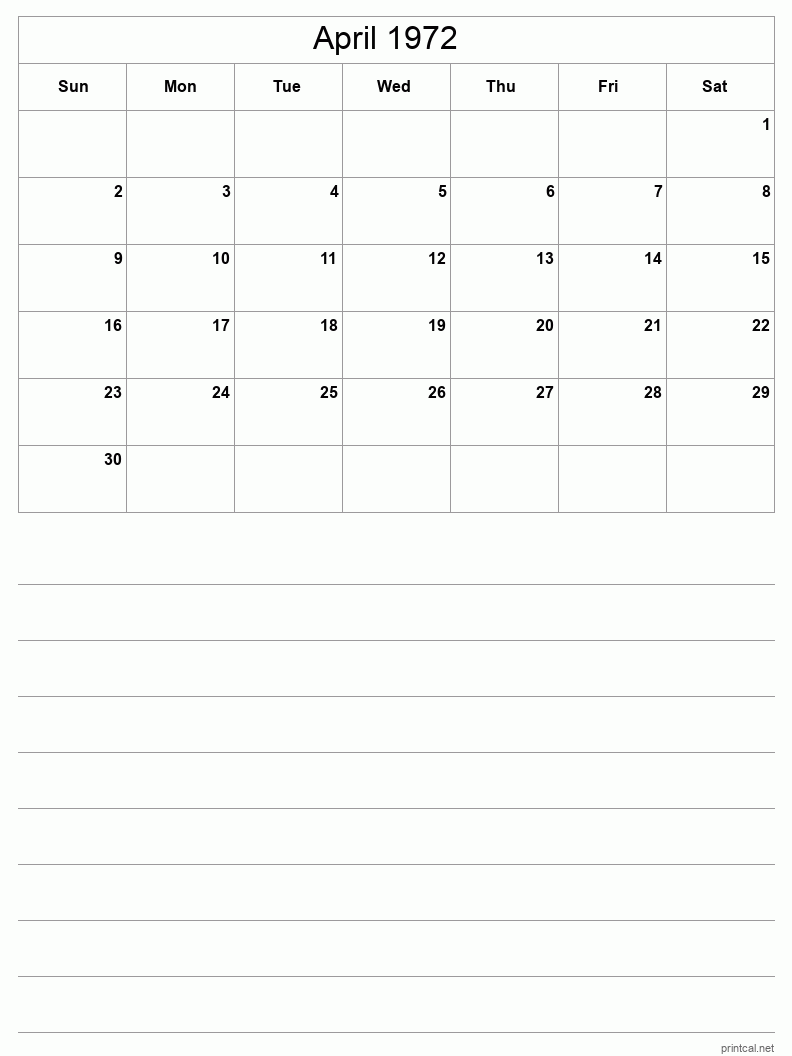 April 1972 Printable Calendar - Half-Page With Notesheet