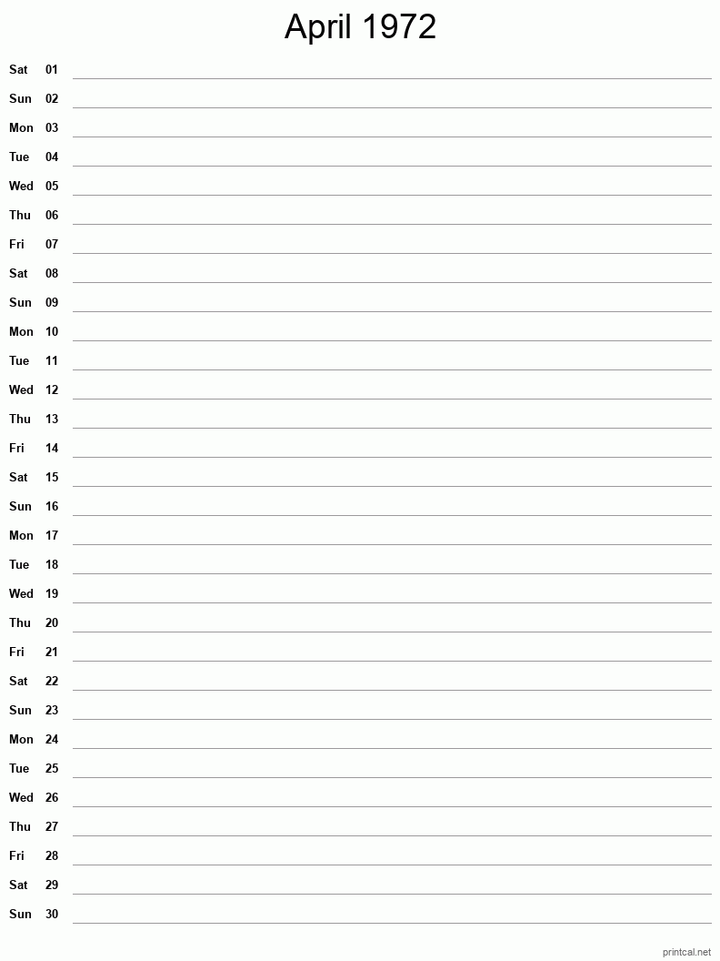 April 1972 Printable Calendar - Single Column Notesheet