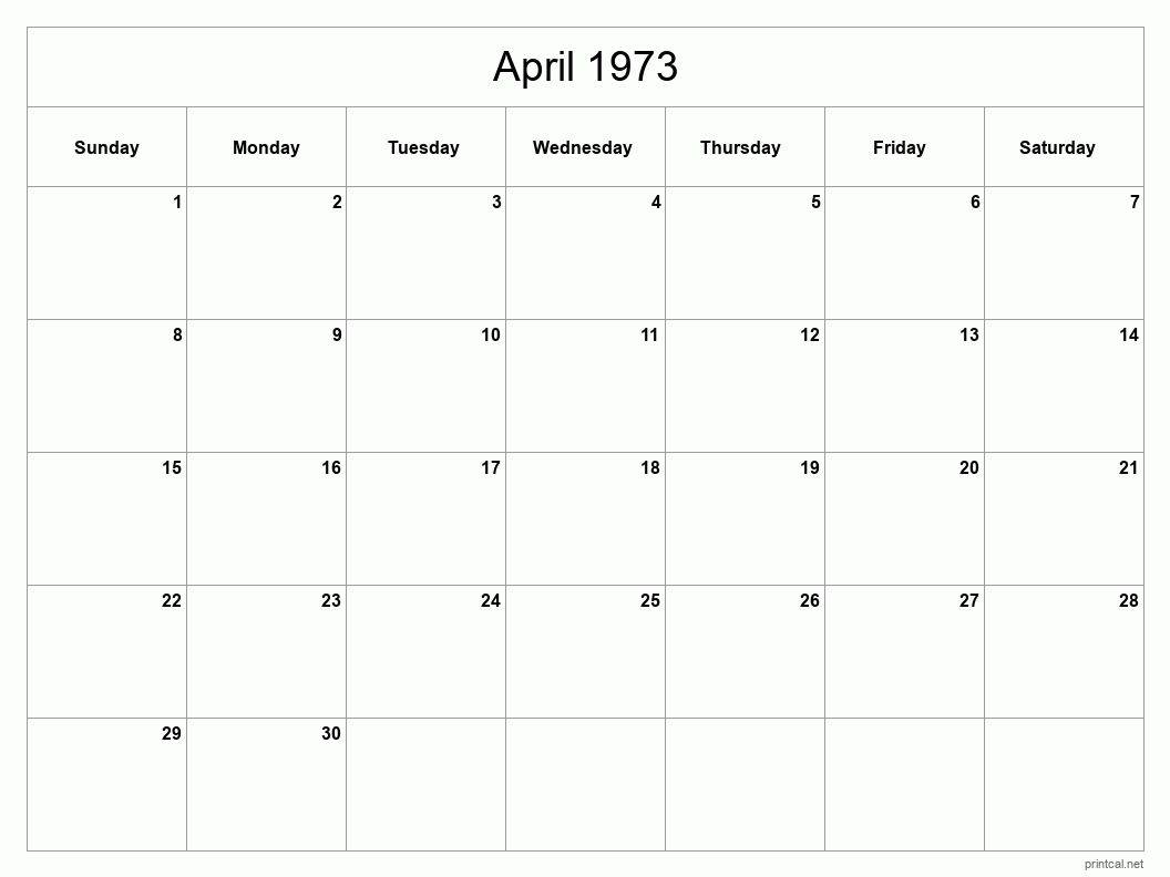 April 1973 Printable Calendar - Classic Blank Sheet