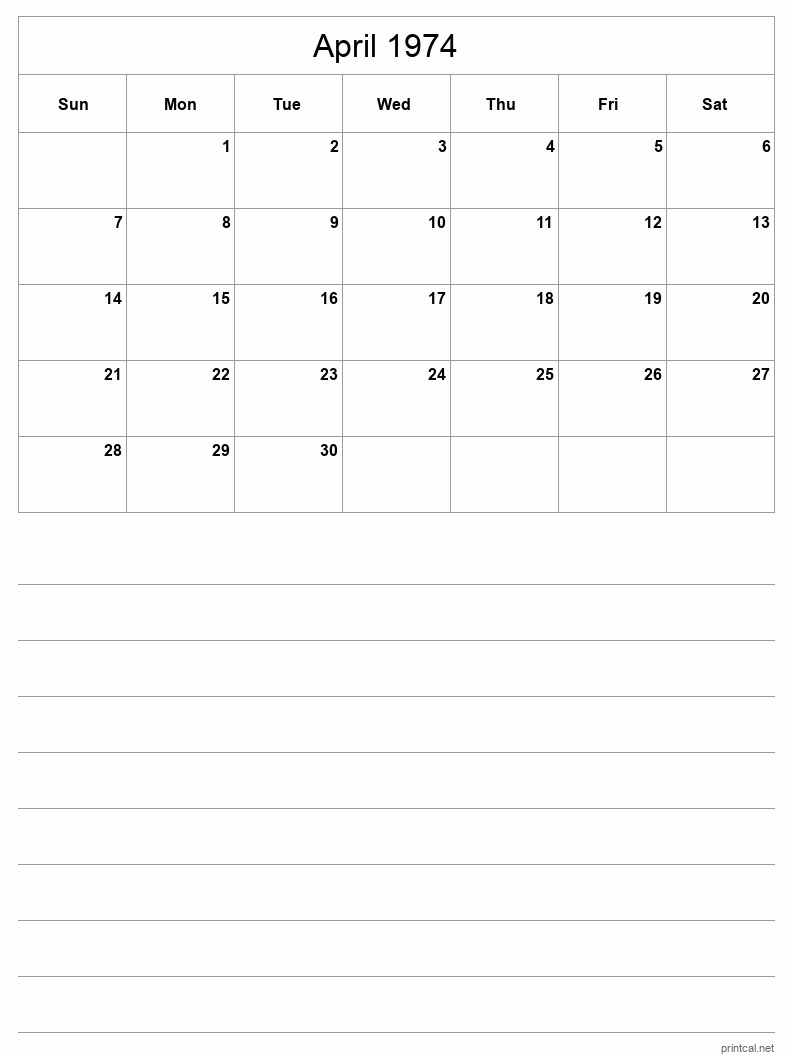 April 1974 Printable Calendar - Half-Page With Notesheet