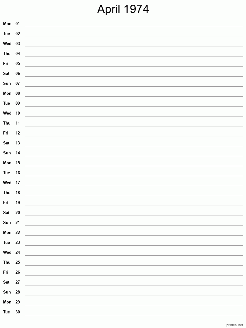 April 1974 Printable Calendar - Single Column Notesheet