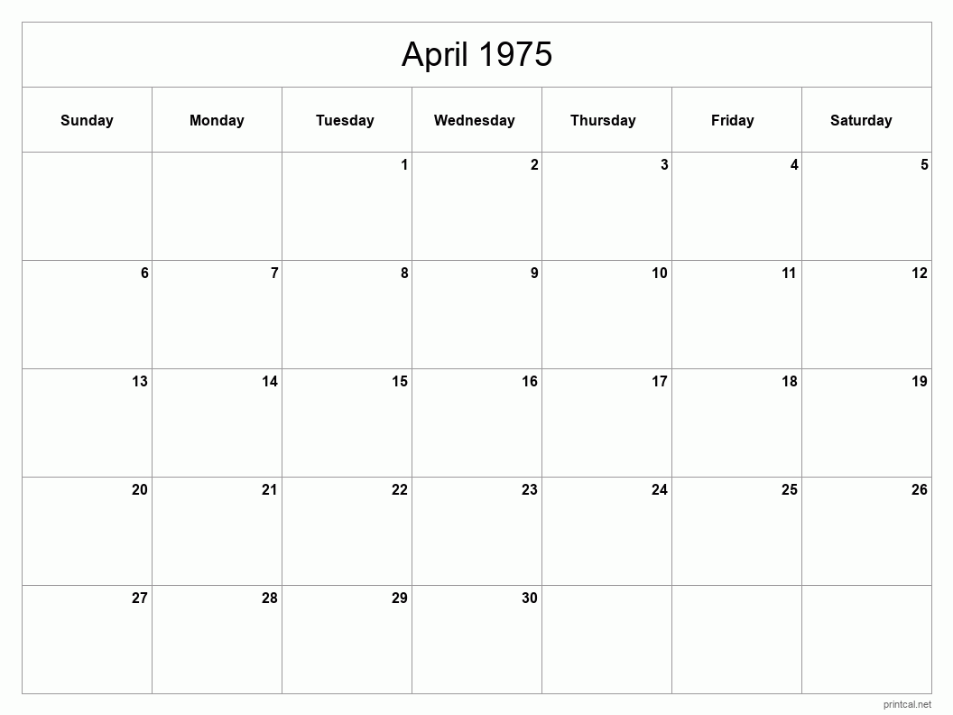 April 1975 Printable Calendar - Classic Blank Sheet