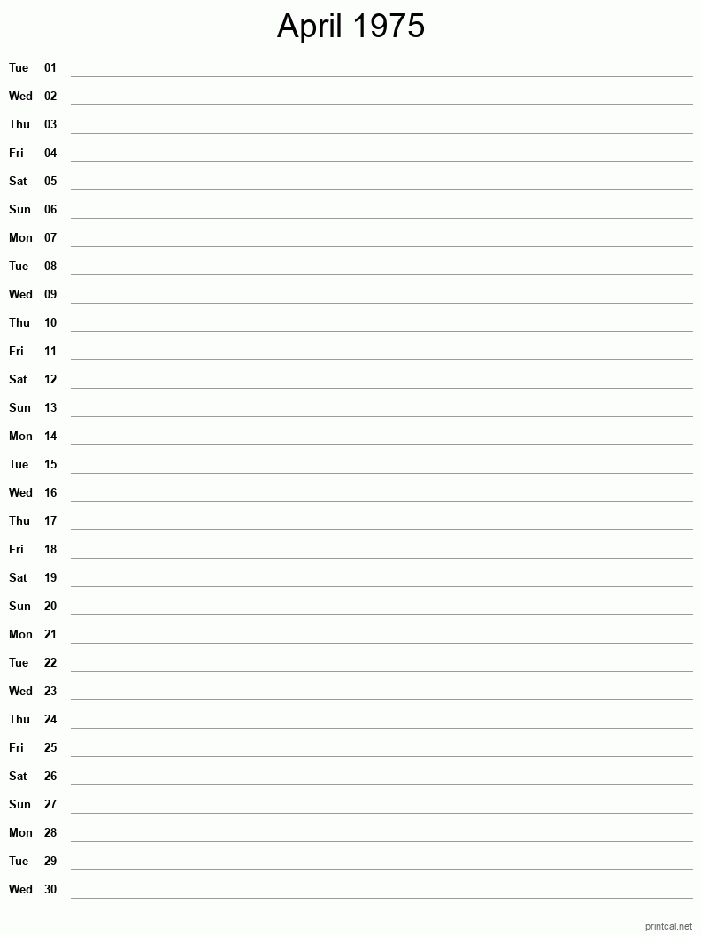 April 1975 Printable Calendar - Single Column Notesheet