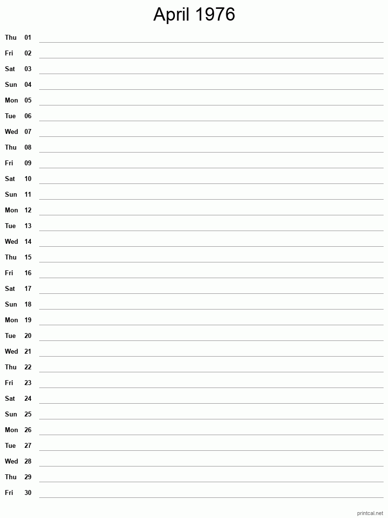 April 1976 Printable Calendar - Single Column Notesheet