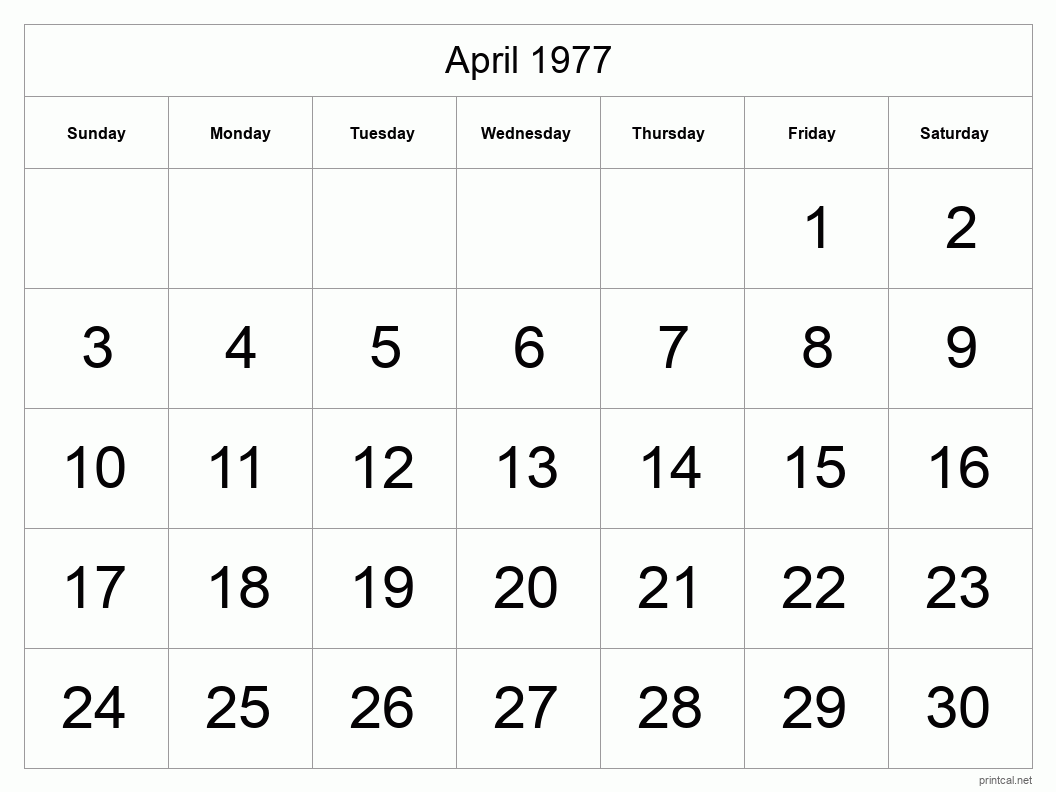 April 1977 Printable Calendar - Big Dates