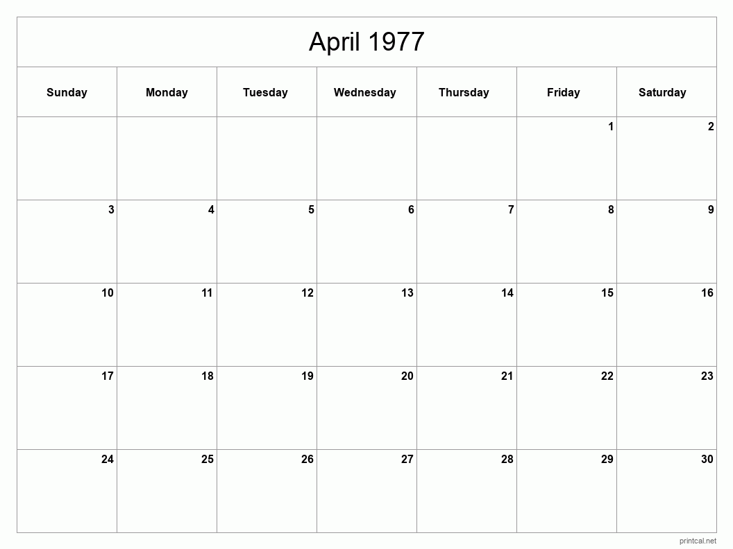 April 1977 Printable Calendar - Classic Blank Sheet