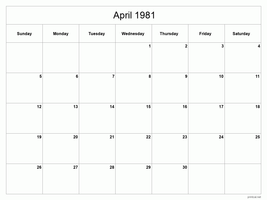 April 1981 Printable Calendar - Classic Blank Sheet