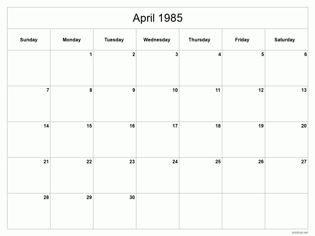 April 1985 Printable Calendar - Classic Blank Sheet