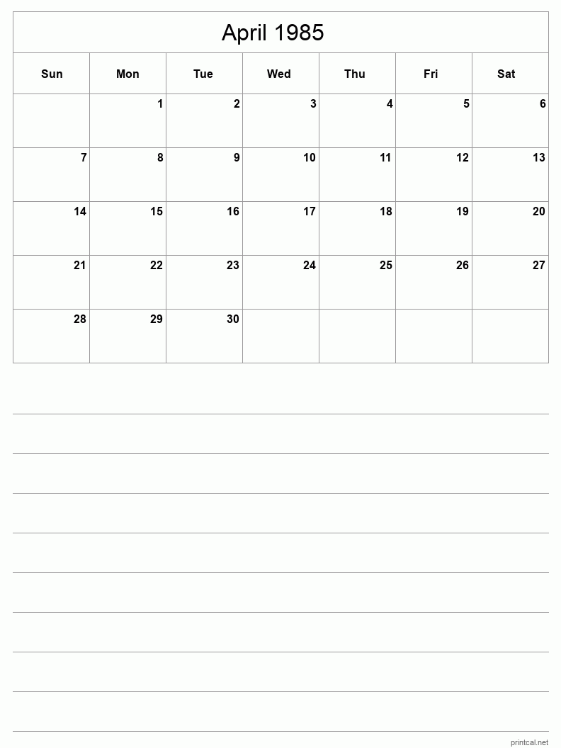 April 1985 Printable Calendar - Half-Page With Notesheet