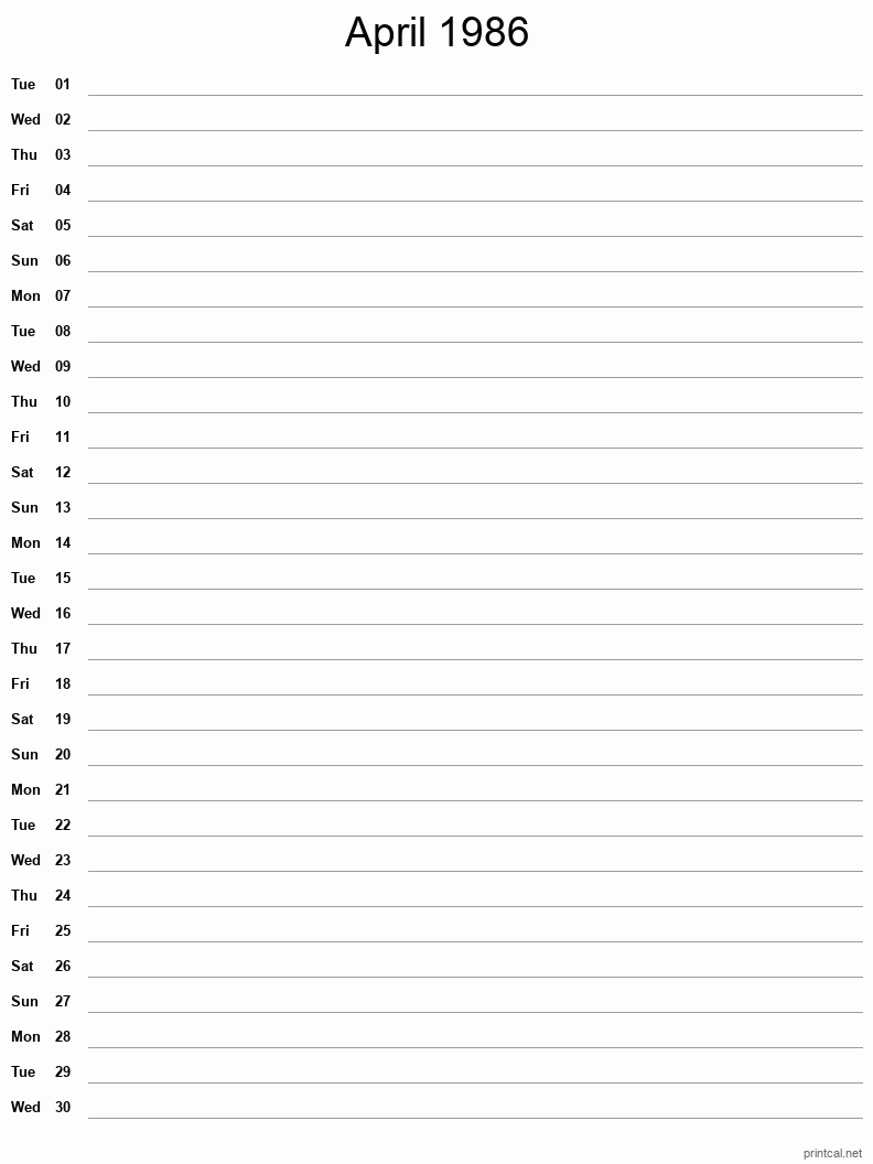 April 1986 Printable Calendar - Single Column Notesheet