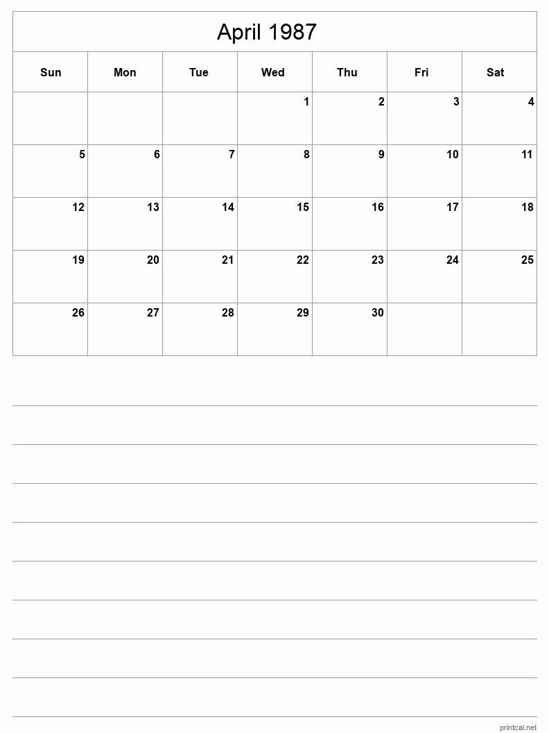 April 1987 Printable Calendar - Half-Page With Notesheet