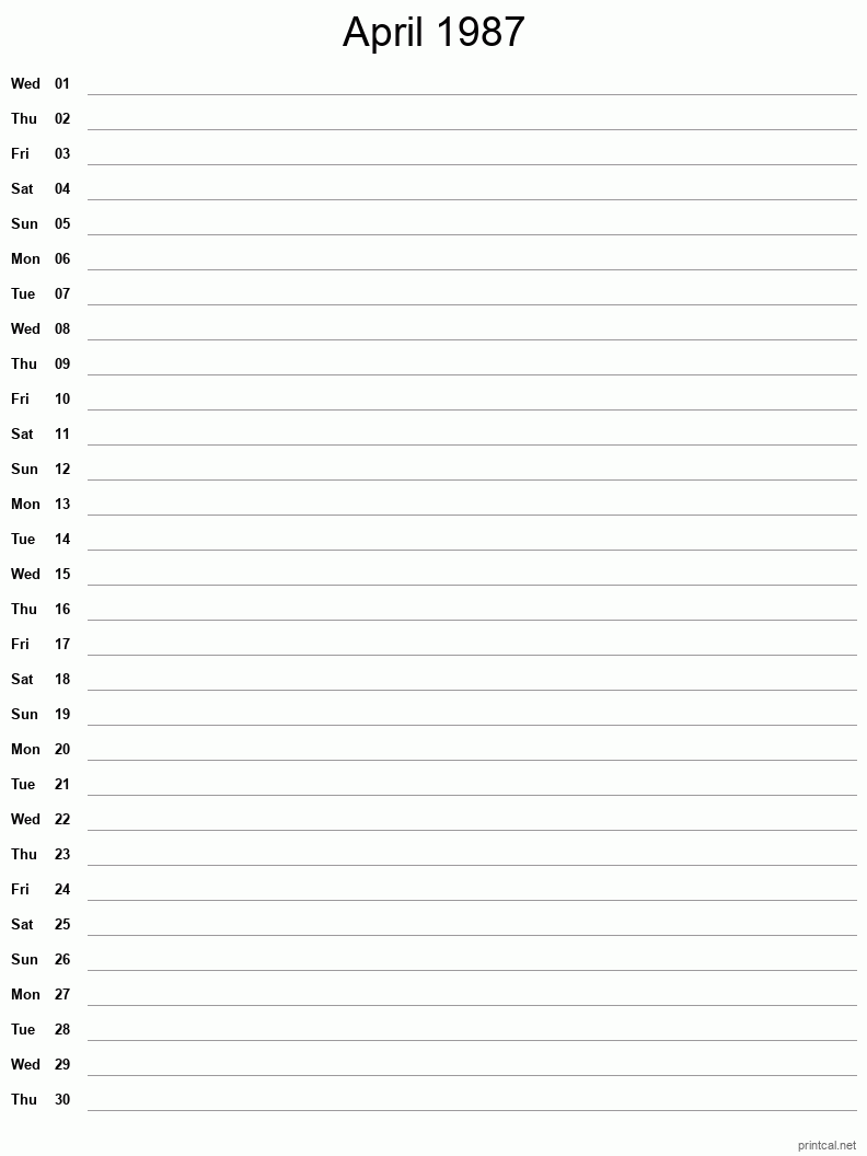 April 1987 Printable Calendar - Single Column Notesheet