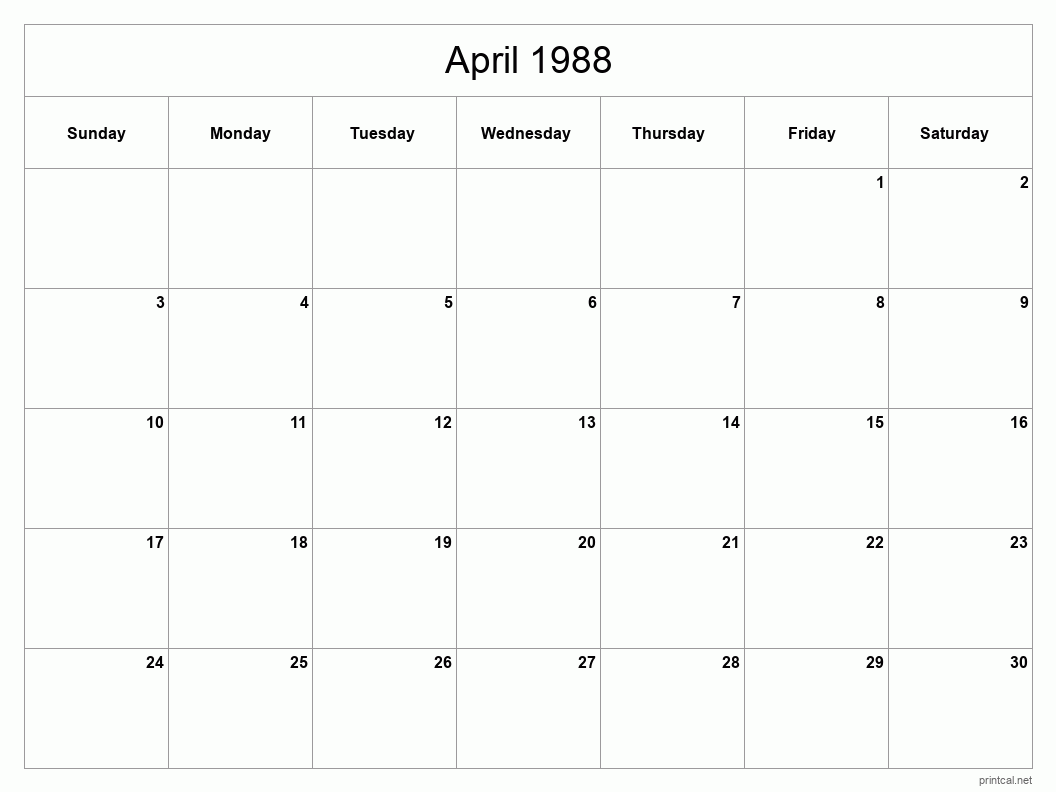 April 1988 Printable Calendar - Classic Blank Sheet