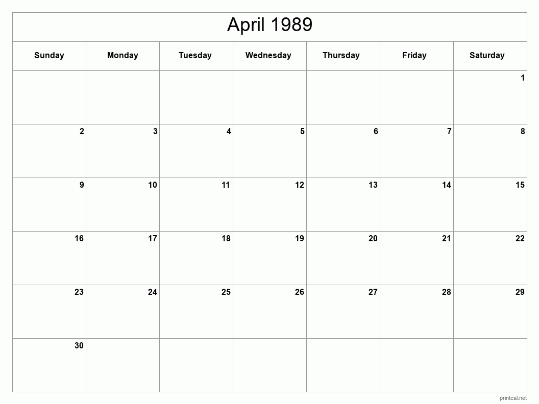 April 1989 Printable Calendar - Classic Blank Sheet