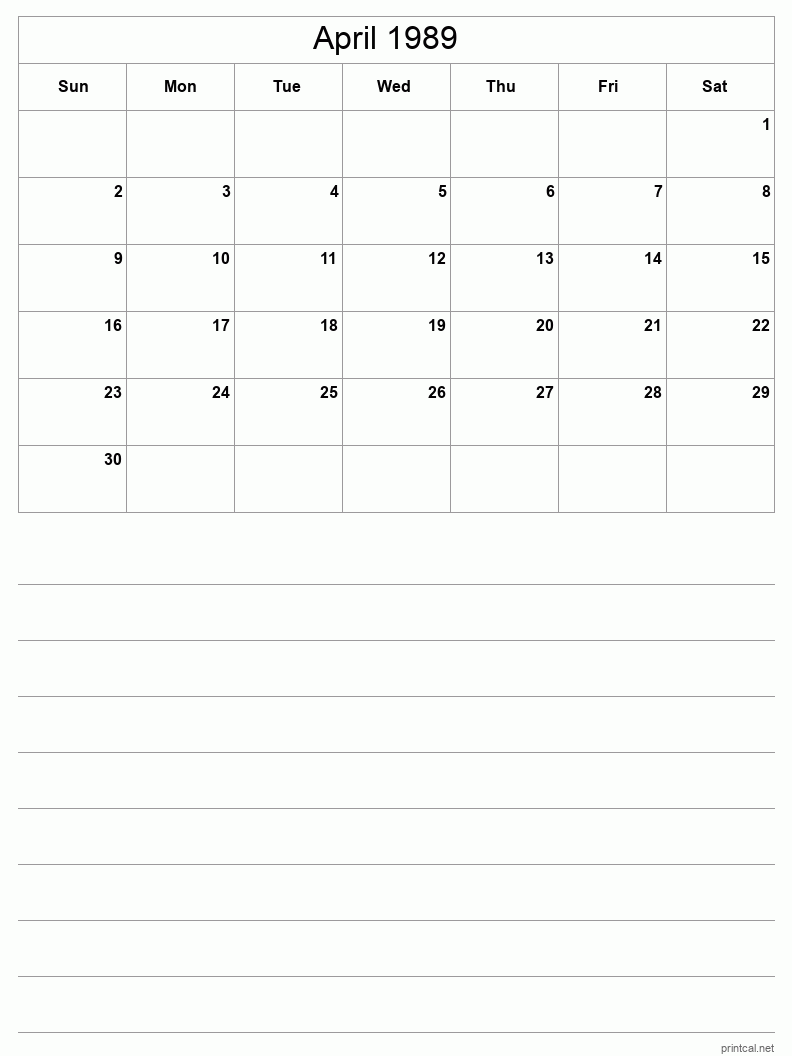 April 1989 Printable Calendar - Half-Page With Notesheet