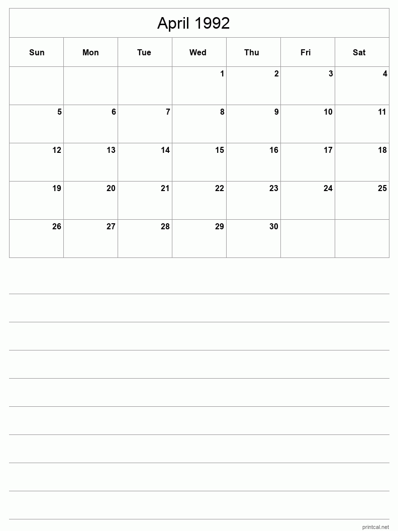 April 1992 Printable Calendar - Half-Page With Notesheet