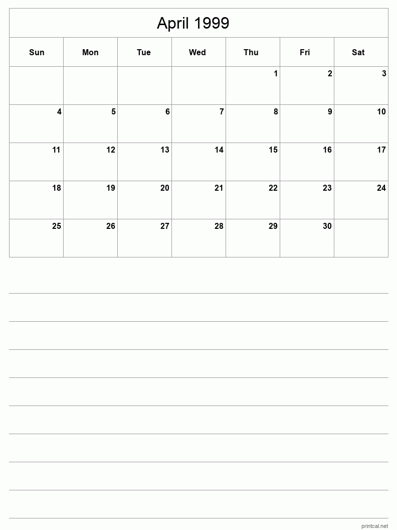 April 1999 Printable Calendar - Half-Page With Notesheet