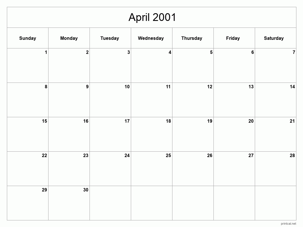 April 2001 Printable Calendar - Classic Blank Sheet