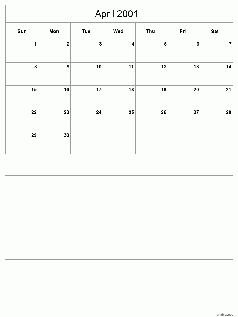 April 2001 Printable Calendar - Half-Page With Notesheet