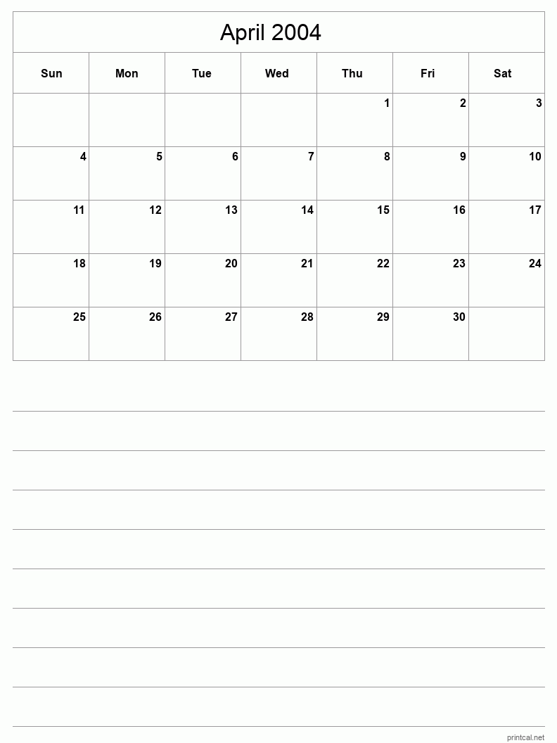 April 2004 Printable Calendar - Half-Page With Notesheet