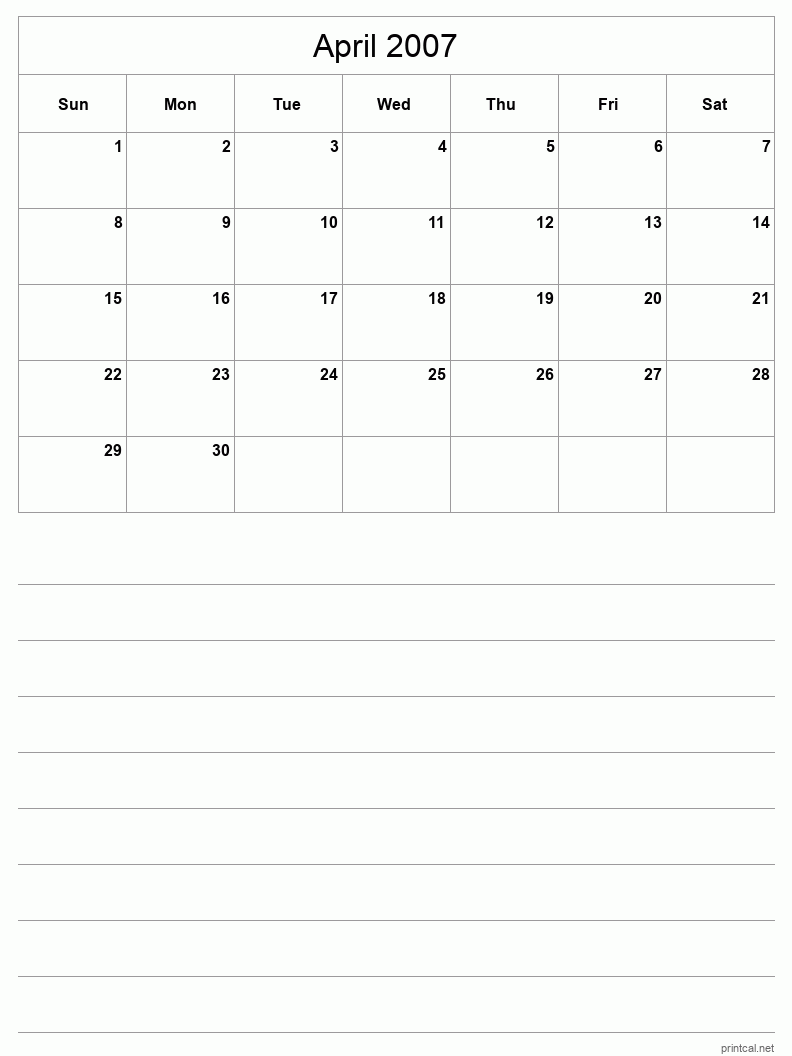 April 2007 Printable Calendar - Half-Page With Notesheet