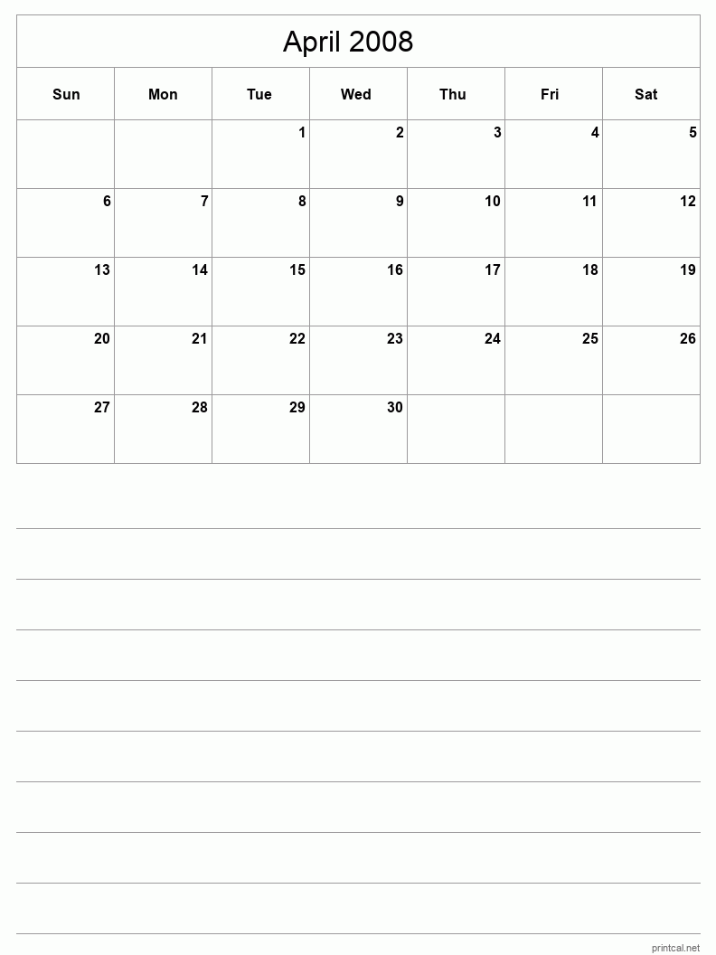 April 2008 Printable Calendar - Half-Page With Notesheet