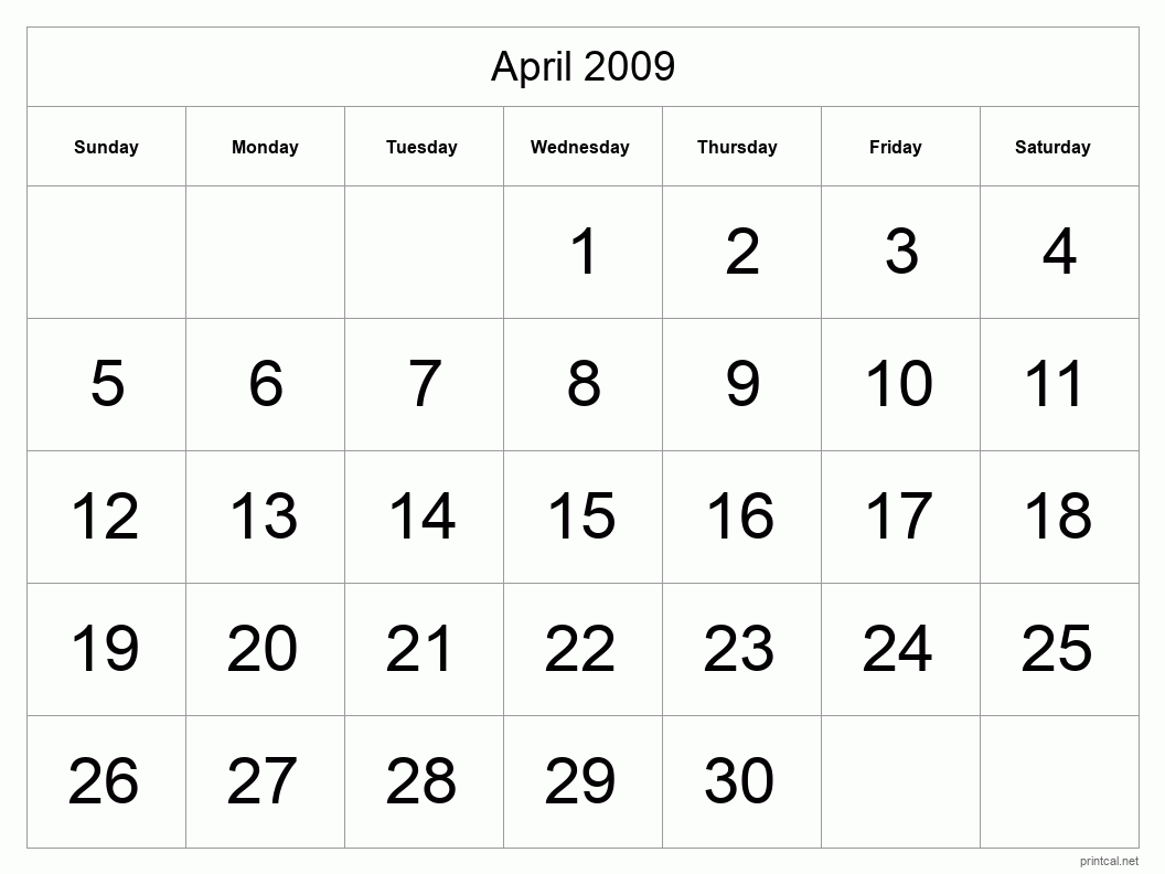 April 2009 Printable Calendar - Big Dates