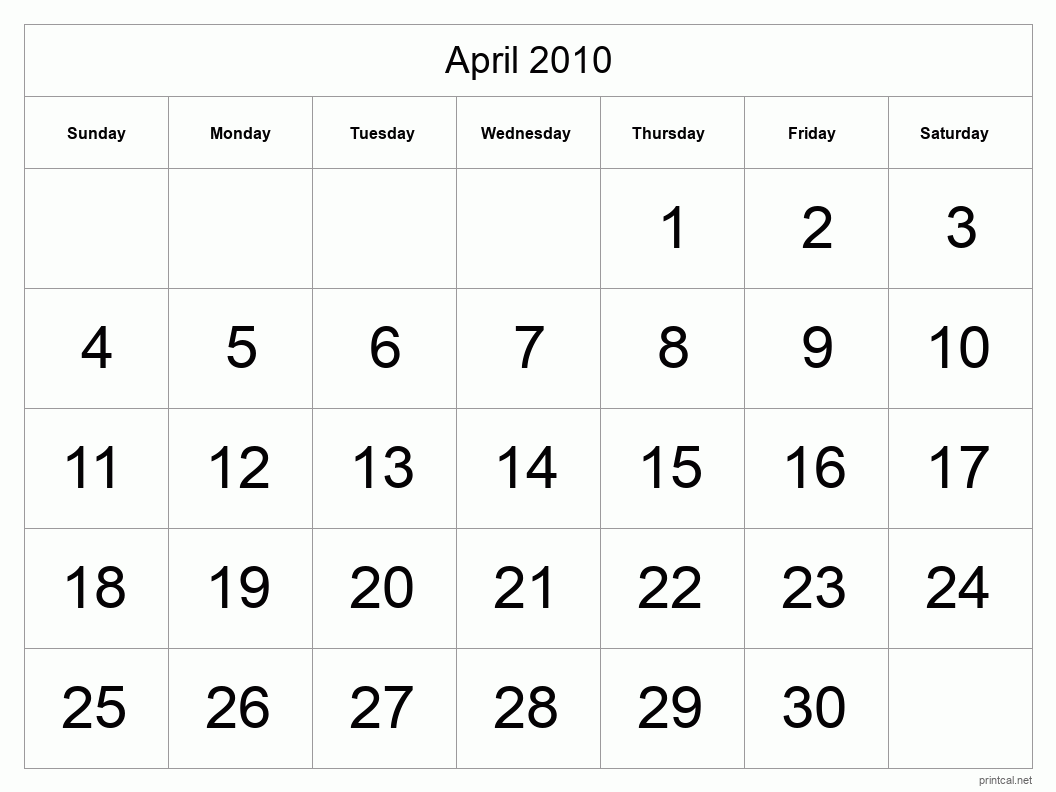 April 2010 Printable Calendar - Big Dates