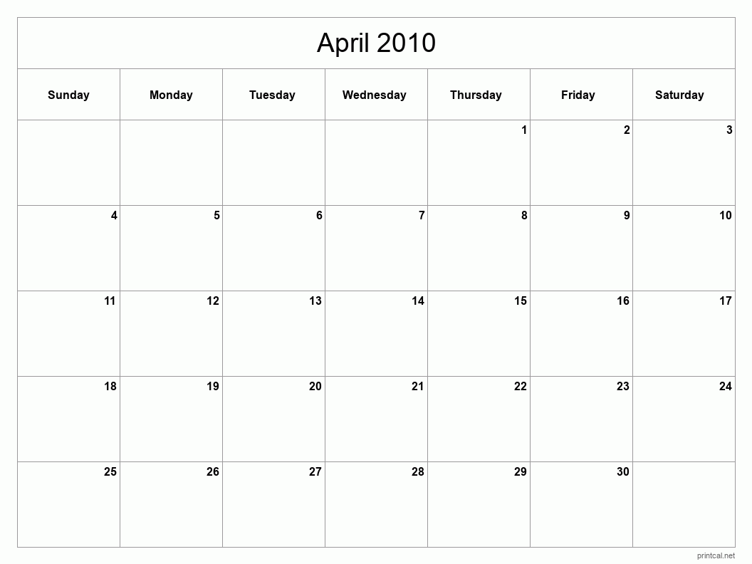 April 2010 Printable Calendar - Classic Blank Sheet