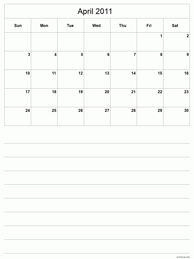 April 2011 Printable Calendar - Half-Page With Notesheet