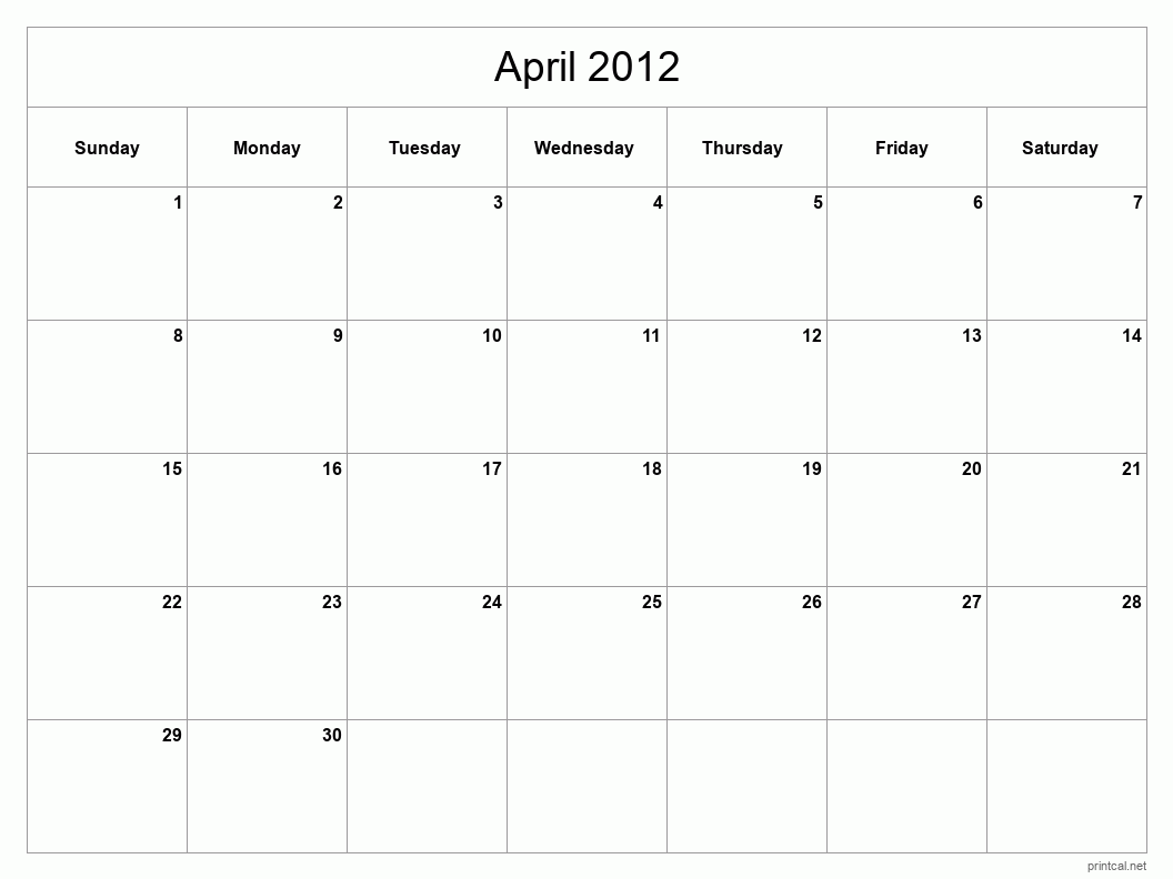 April 2012 Printable Calendar - Classic Blank Sheet