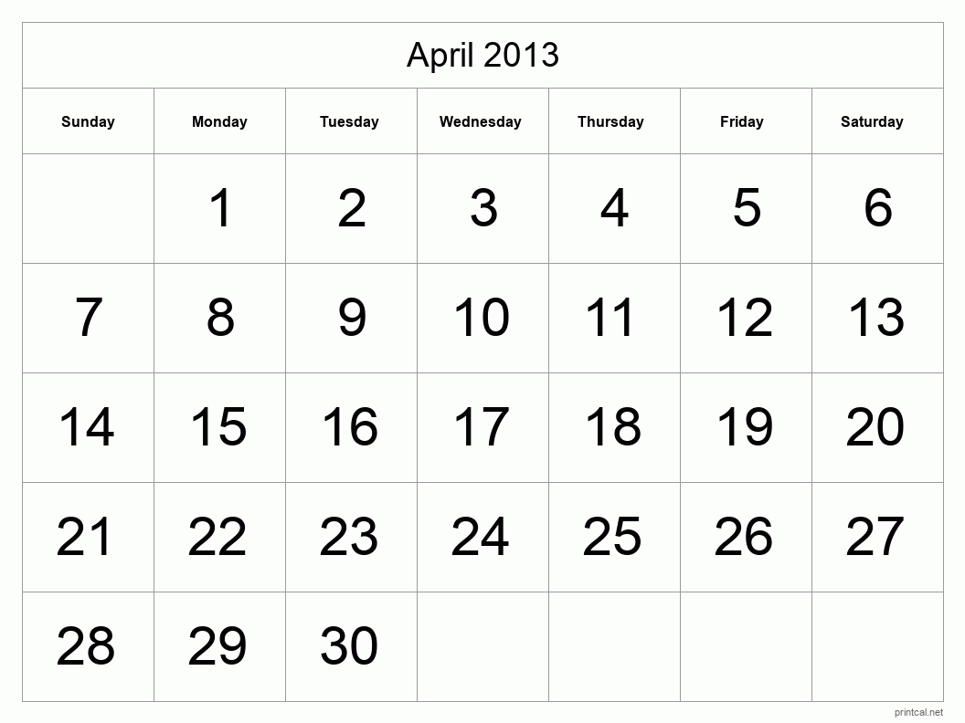 April 2013 Printable Calendar - Big Dates