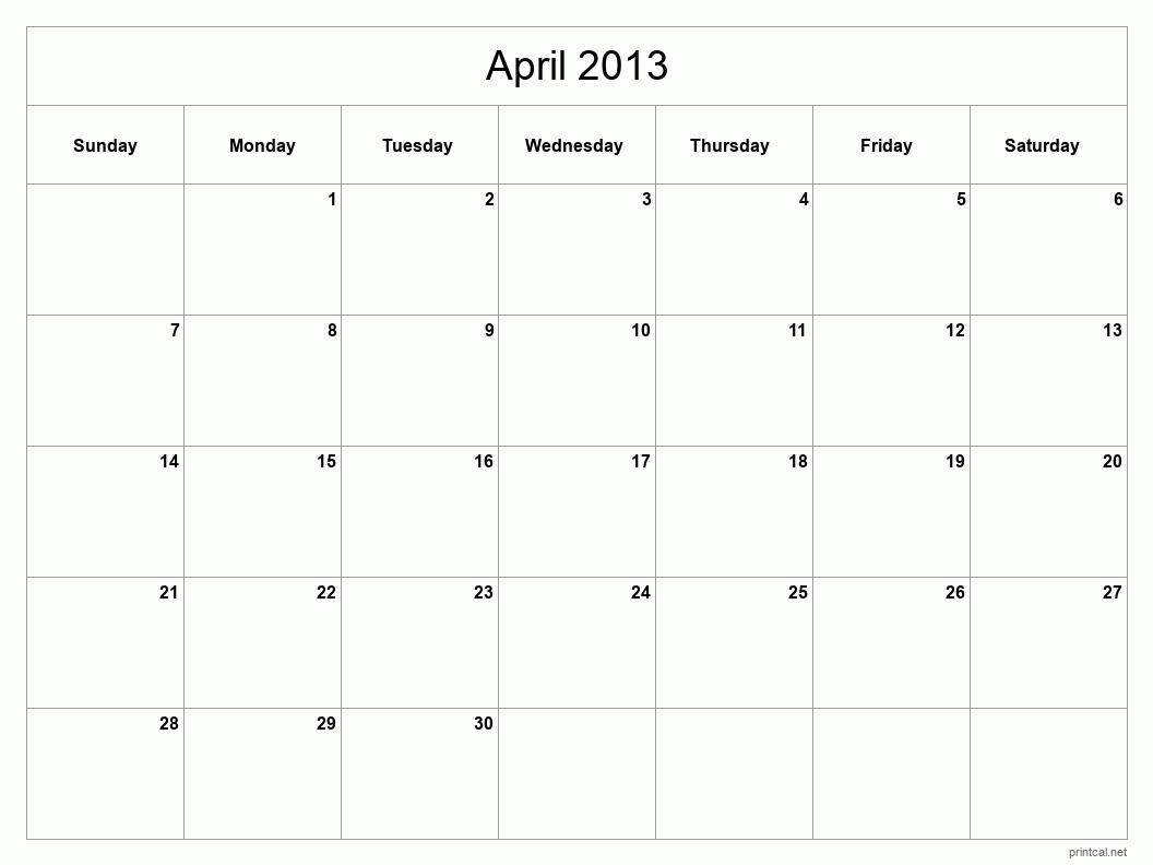 April 2013 Printable Calendar - Classic Blank Sheet