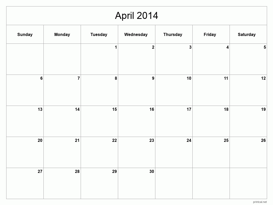 April 2014 Printable Calendar - Classic Blank Sheet