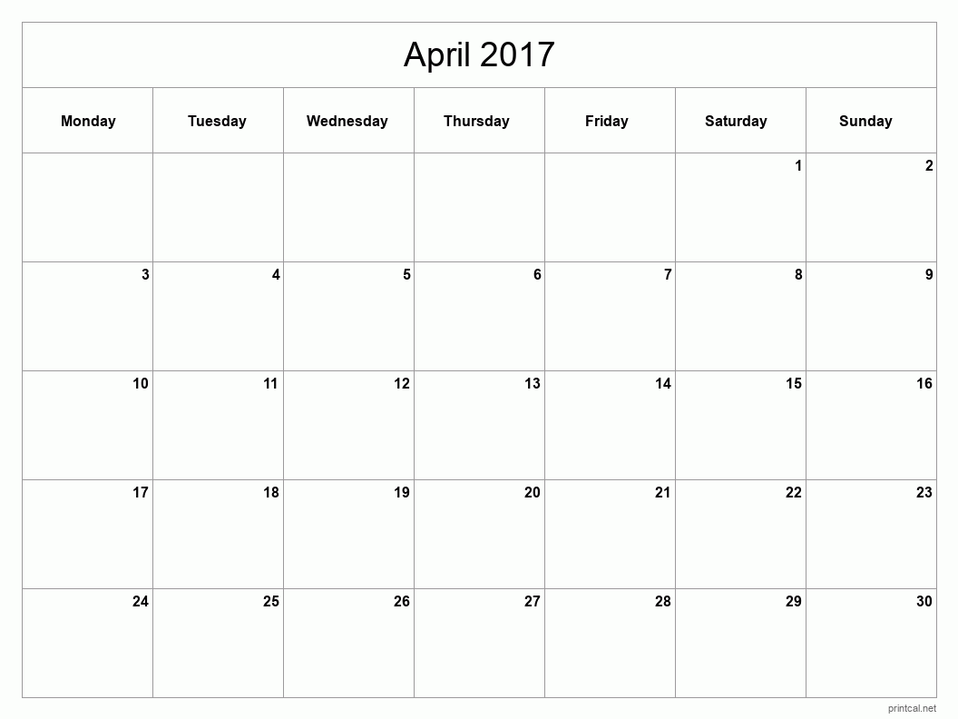 April 2017 Printable Calendar - Classic Blank Sheet